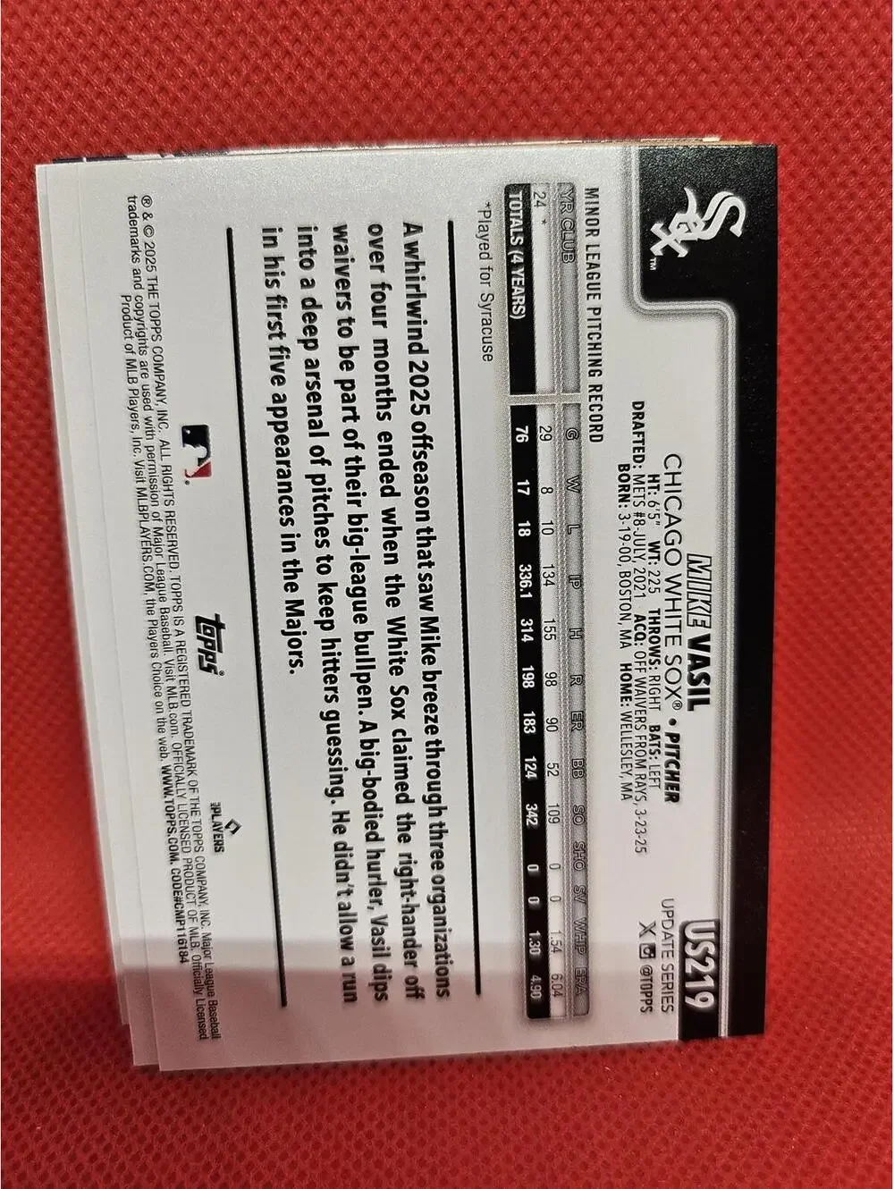 2025 Topps Update - Mike Vasil - RC  #US219 - White Sox - RAW Mint